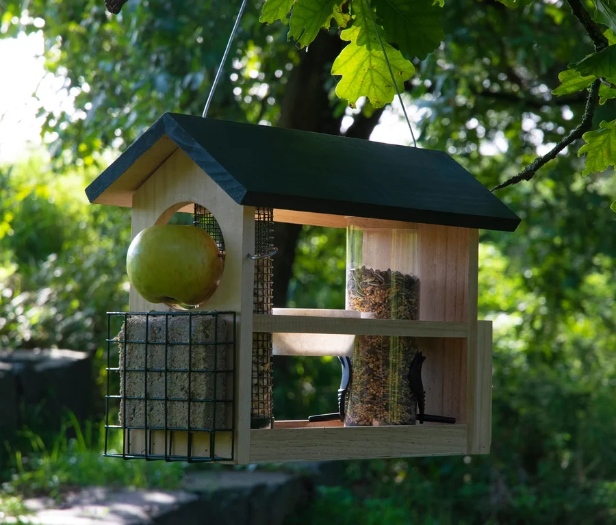 Eine hölzerne 7-in-1-Futterstation hängt an einem Baum, mit Apfel, Fettwürfel und Samen.