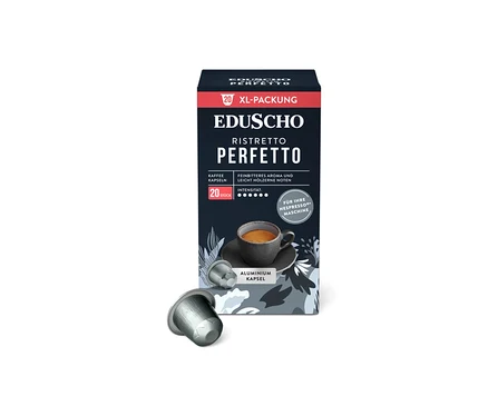 Eine Packung Eduscho Ristretto Perfetto Kaffeekapseln mit zwei Aluminiumkapseln im Vordergrund.