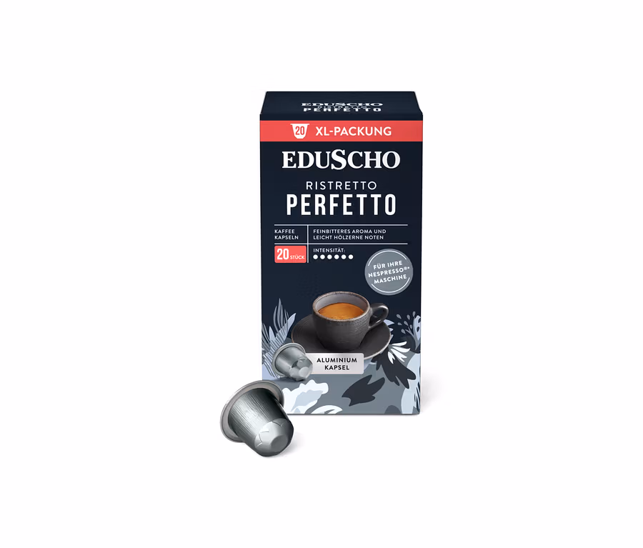 Eine Packung Eduscho Ristretto Perfetto Kaffeekapseln mit zwei Aluminiumkapseln im Vordergrund.