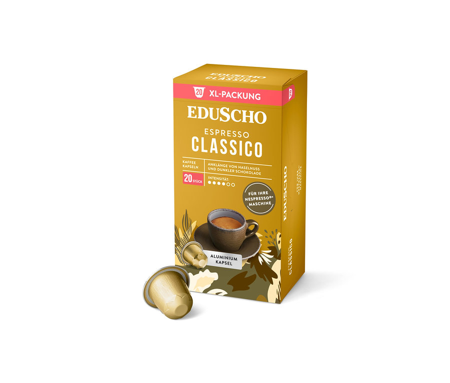 Eine goldene Packung Eduscho Espresso Classico Kaffeekapseln mit zwei Kapseln im Vordergrund.