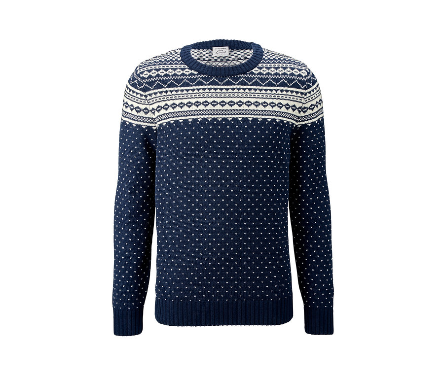 Blauer Pullover mit Muster.