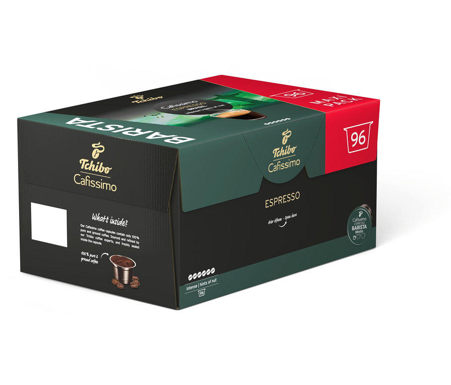 Eine Packung Cafissimo BARISTA Espresso Brasil - 96 Kapsel von Tchibo.