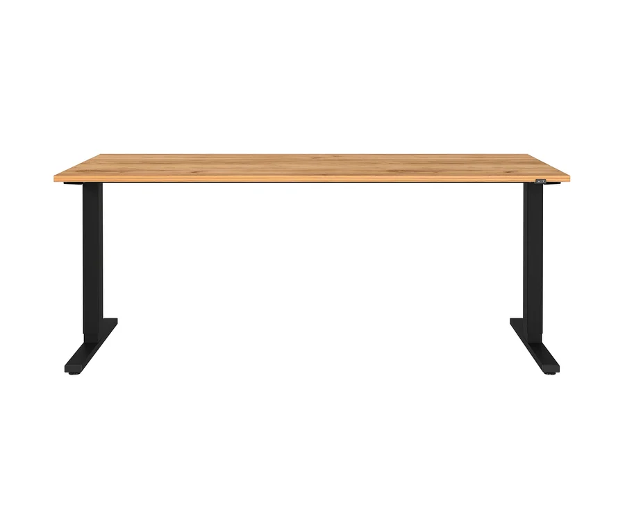 Ein rechteckiger Schreibtisch mit einer hellen Holzplatte und schwarzen Beinen.