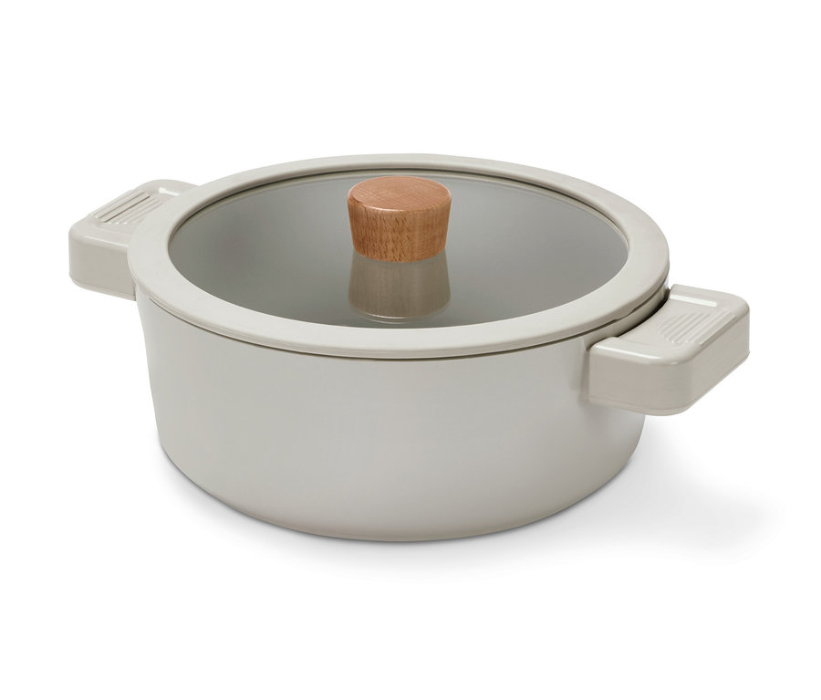 Grauer Kochtopf mit Glasdeckel, ca. 2,8 l.