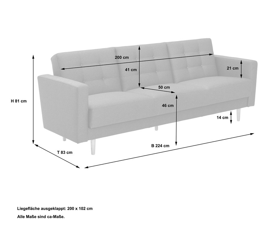 Die Maße des hellgrauen 3-Sitzer-Schlafsofas »Janny« werden mit Linien und Zahlen dargestellt.