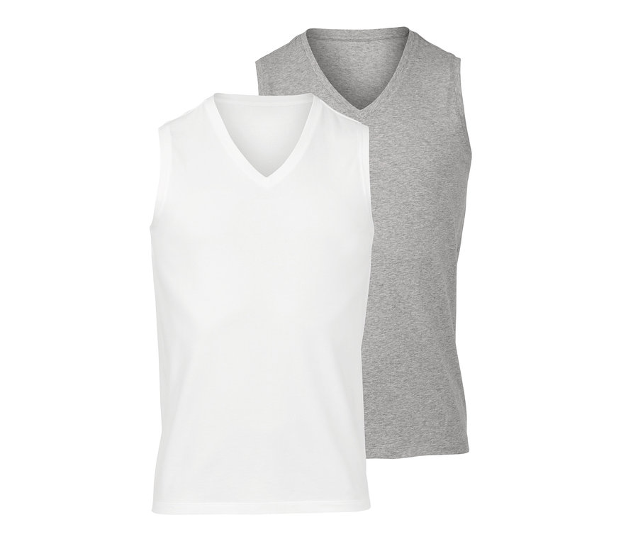 Zwei Jersey-Tanktops, eines in Weiß und eines in Grau.