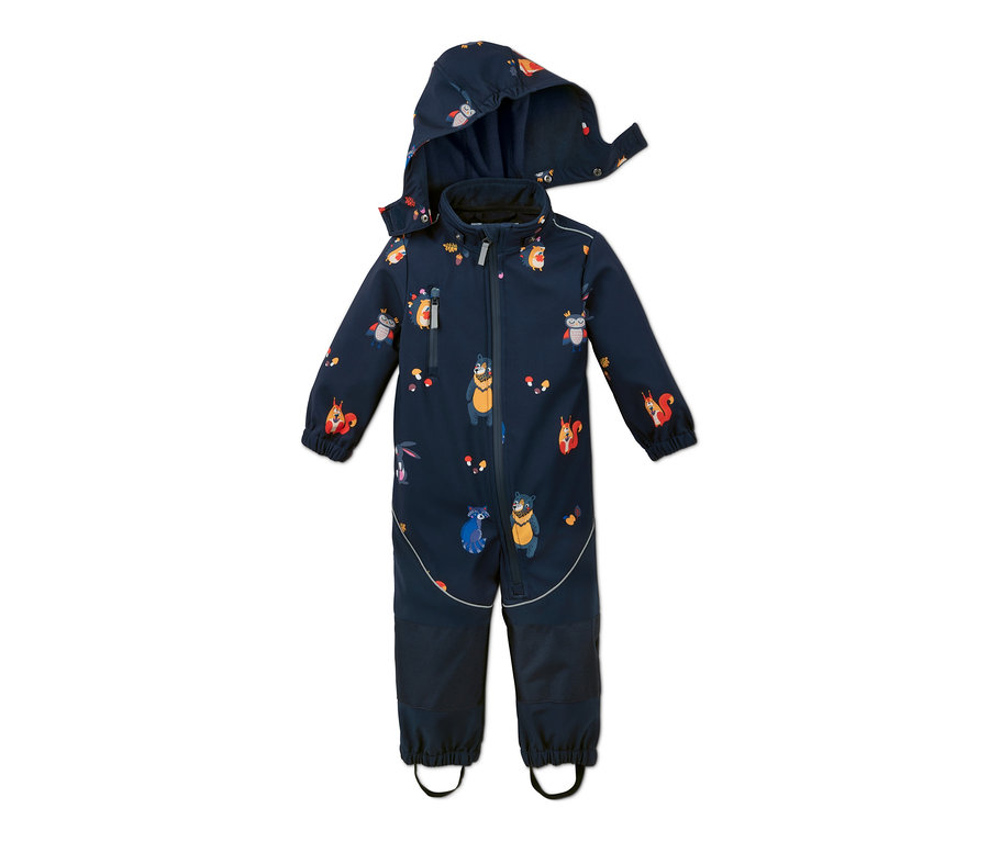 Dunkelblauer Softshell-Einteiler mit Tier- und Pilzprint.