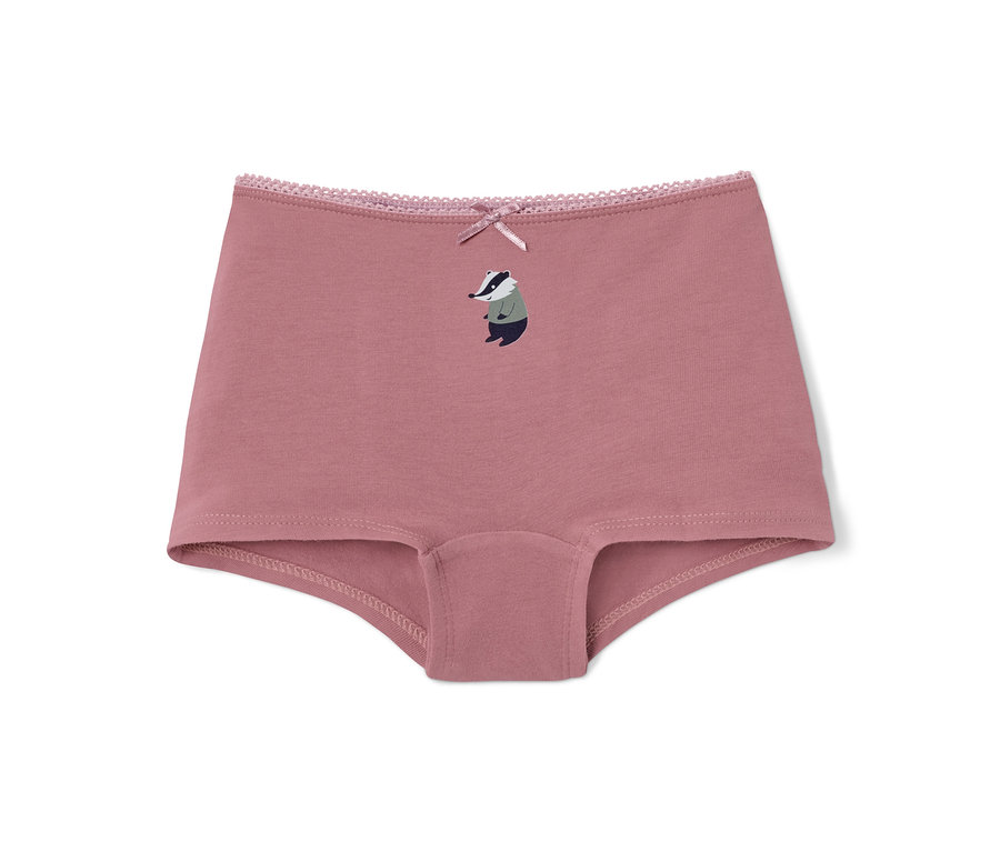 Rosa Mädchen-Pantys mit Dachs-Motiv und Zierspitze.