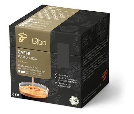 Packung mit 27 Qbo Caffè JABANA YIRGA Kapseln, Kaffee aus Äthiopien. Kapseln sind recycelbar.