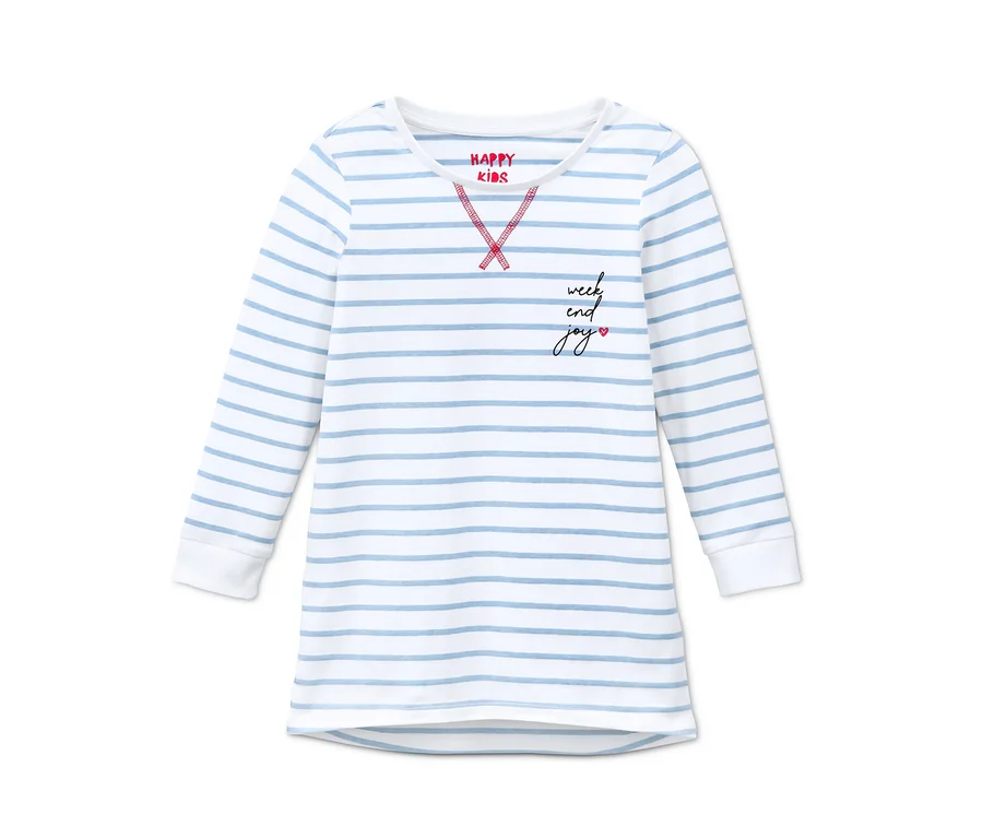 Mädchen-Pyjama mit blauen und weißen Streifen, langen Ärmeln und Schriftzug.