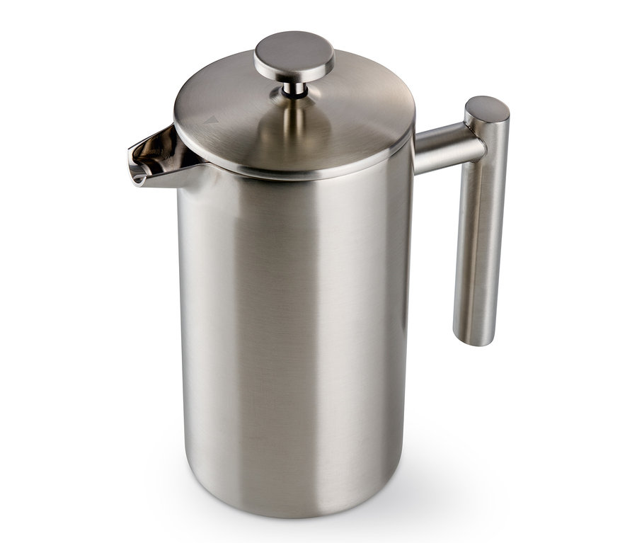 Eine doppelwandige Siebstempelkanne aus Edelstahl mit 900 ml Fassungsvermögen.