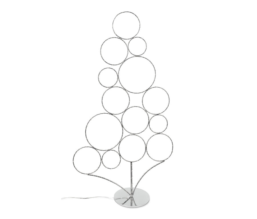 LED-Metallbaum aus verschieden grossen Kreisen auf einem silbernen Sockel.