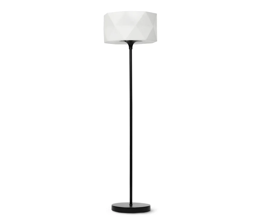 Eine schwarze LED-Akku-Stehleuchte mit einem weißen Lampenschirm.