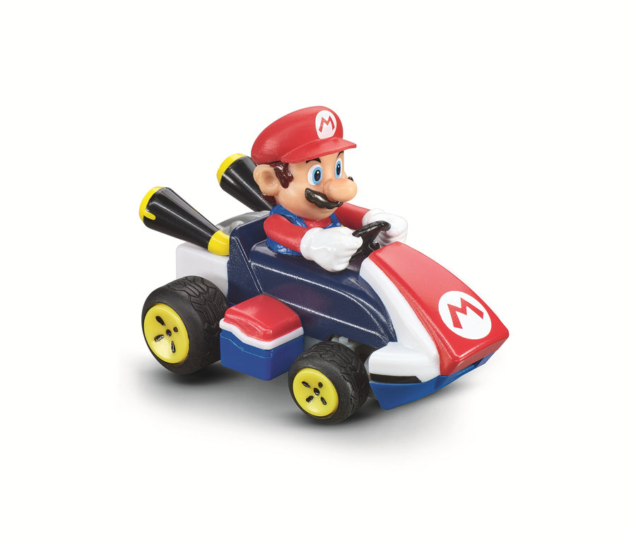 Mario fährt ein blau-weißes Go-Kart mit roten Akzenten und gelben Rädern. Ferngesteuertes Carrera-Auto »Mario Kart Mini RC, Mario«