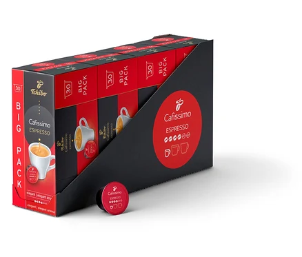 Eine Packung Cafissimo Espresso elegant - 120 Kapseln in rot-schwarzer Verpackung. Eine Kapsel liegt daneben.