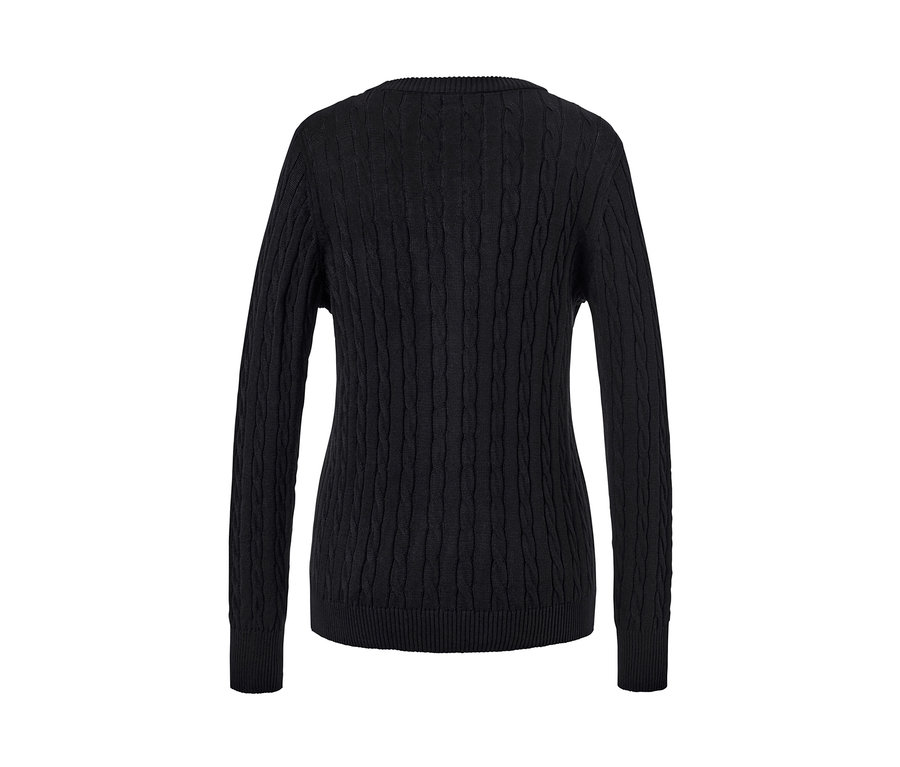 Detailansicht der Rückseite eines schwarzen Feinstrickcardigans mit Zopfmuster.