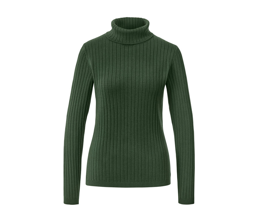 Grüner gerippter Rollkragenpullover.