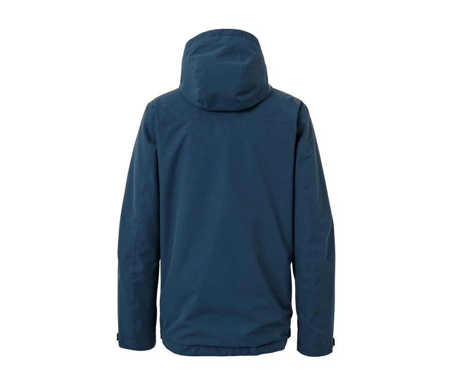 Dunkelblaue Outdoorjacke mit Kapuze und Weste.