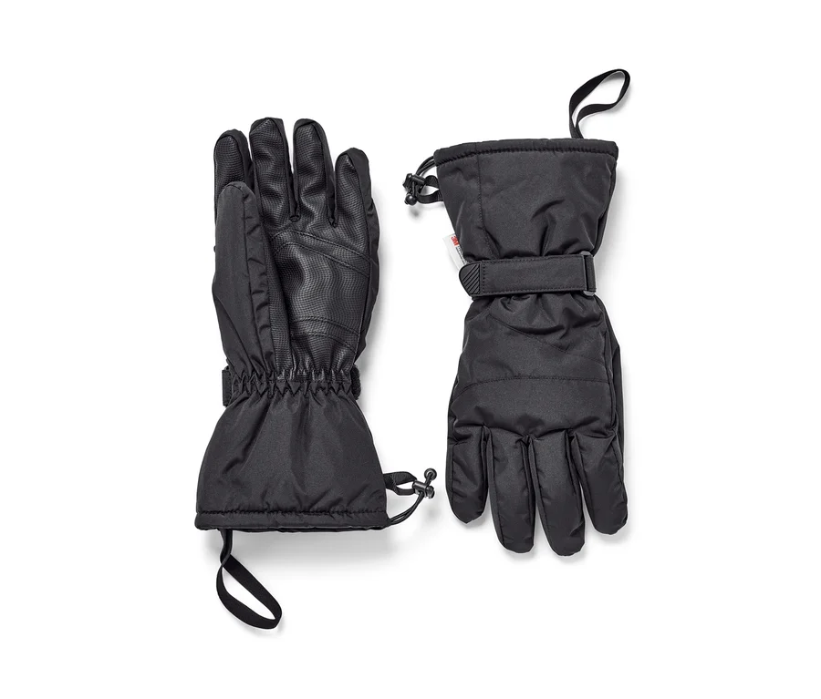 Zwei schwarze Skihandschuhe liegen nebeneinander auf einem weißen Hintergrund.