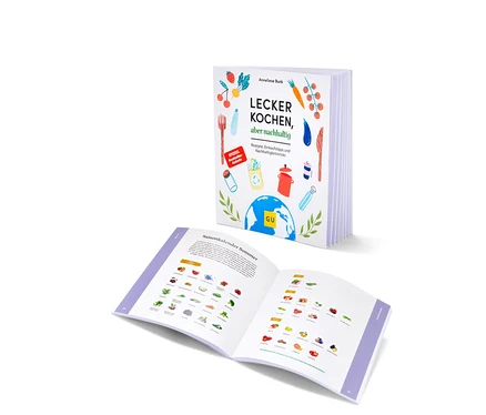 Zwei aufgeschlagene Kochbücher "Lecker kochen, aber nachhaltig" zeigen Illustrationen und Text.