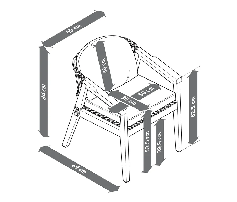 Abbildung eines Dining-Sessels mit runder Rückenlehne und Textilgeflecht und Design-Dining-Stuhls mit Maßangaben.