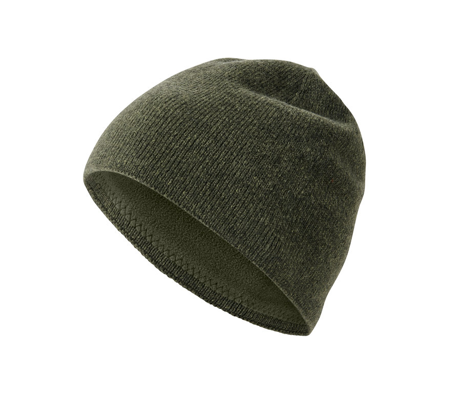 Khaki melierte Strickmütze auf weißem Hintergrund.