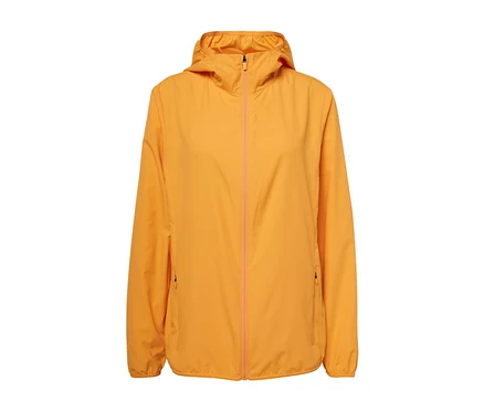 Orange, packbare Funktionsjacke mit Reißverschluss in der Mitte.