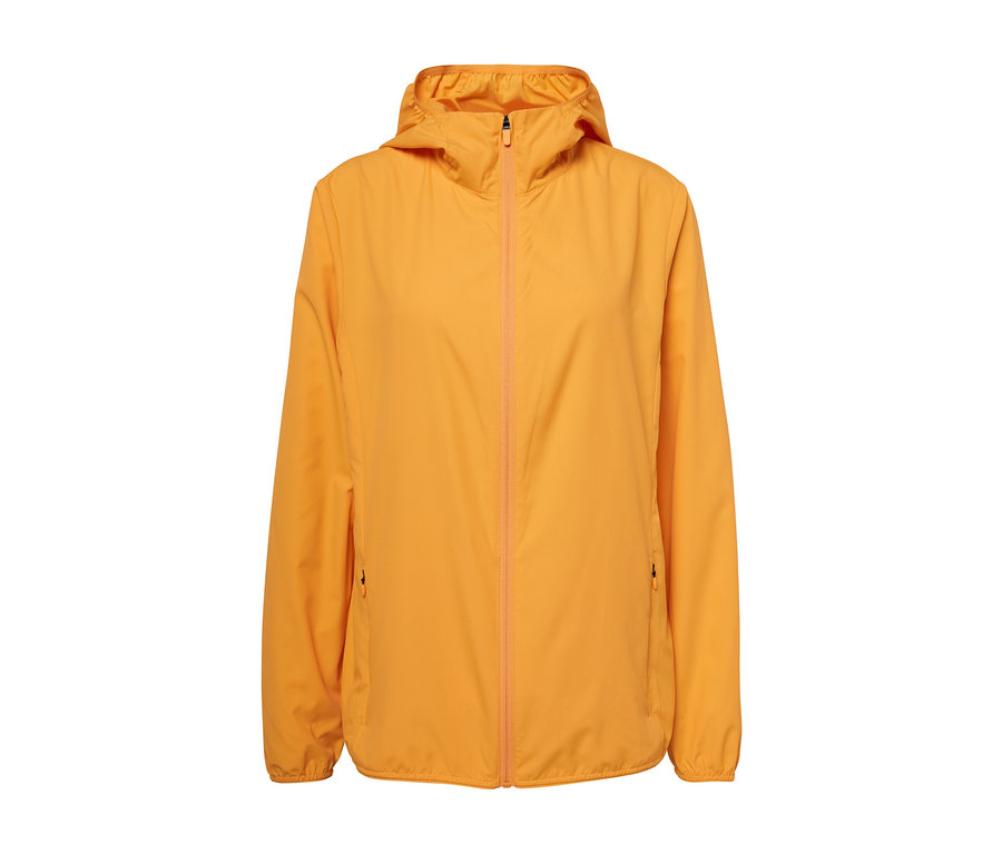 Orange, packbare Funktionsjacke mit Reißverschluss in der Mitte.