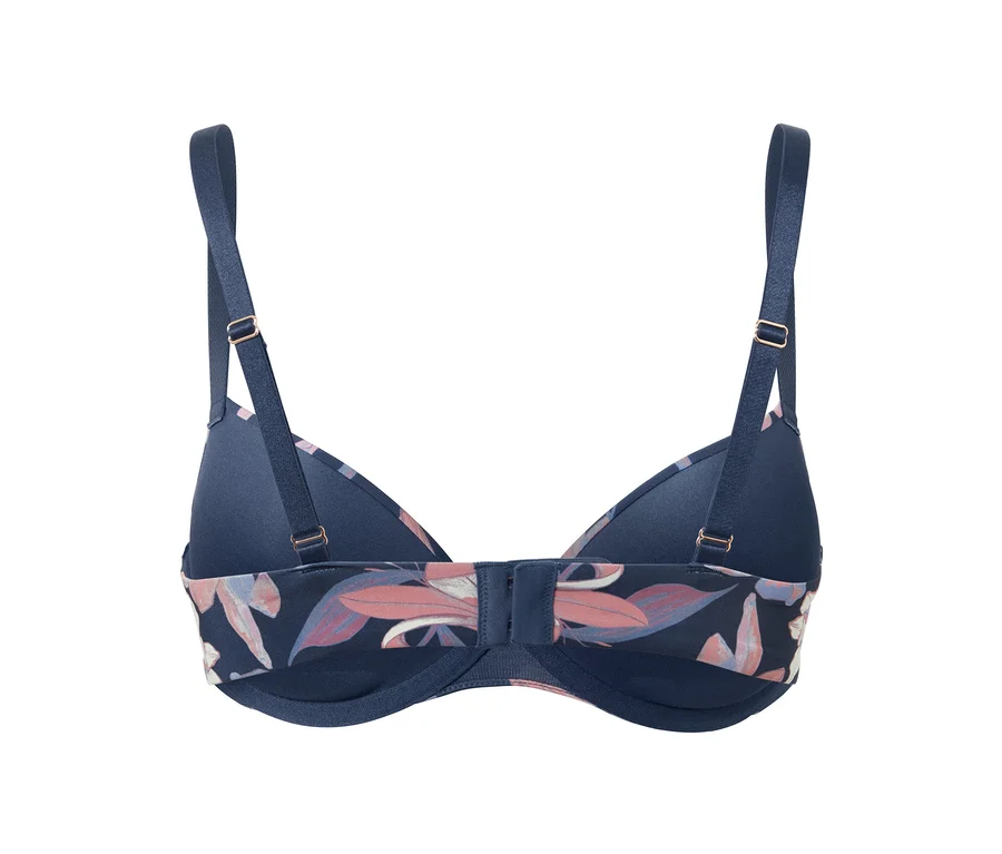 Rückansicht eines blauen Push-up-BHs mit Blumenmuster.