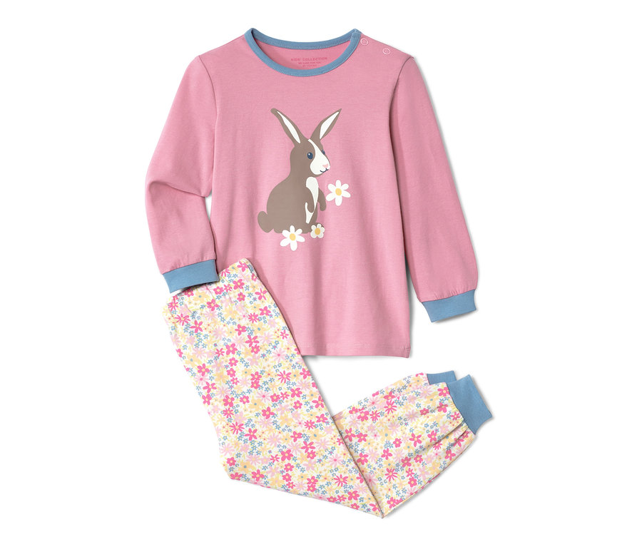 Rosa Kleinkind-Pyjama mit Hasen- und Blumenmuster.