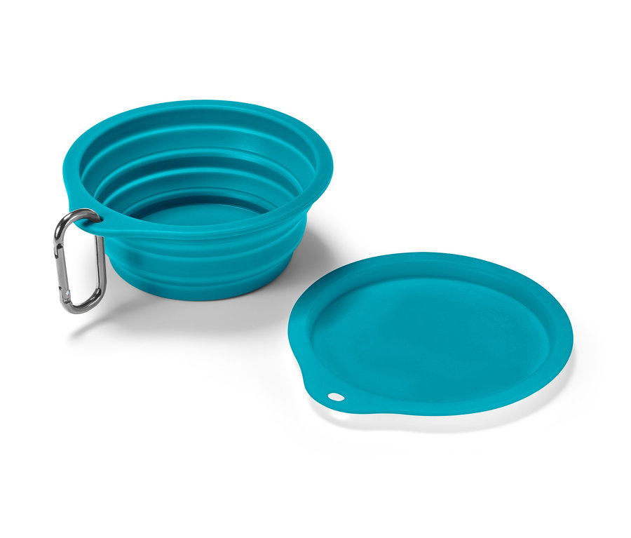 Ein türkisfarbener faltbarer Fressnapf und ein Deckel liegen auf einer weißen Oberfläche.