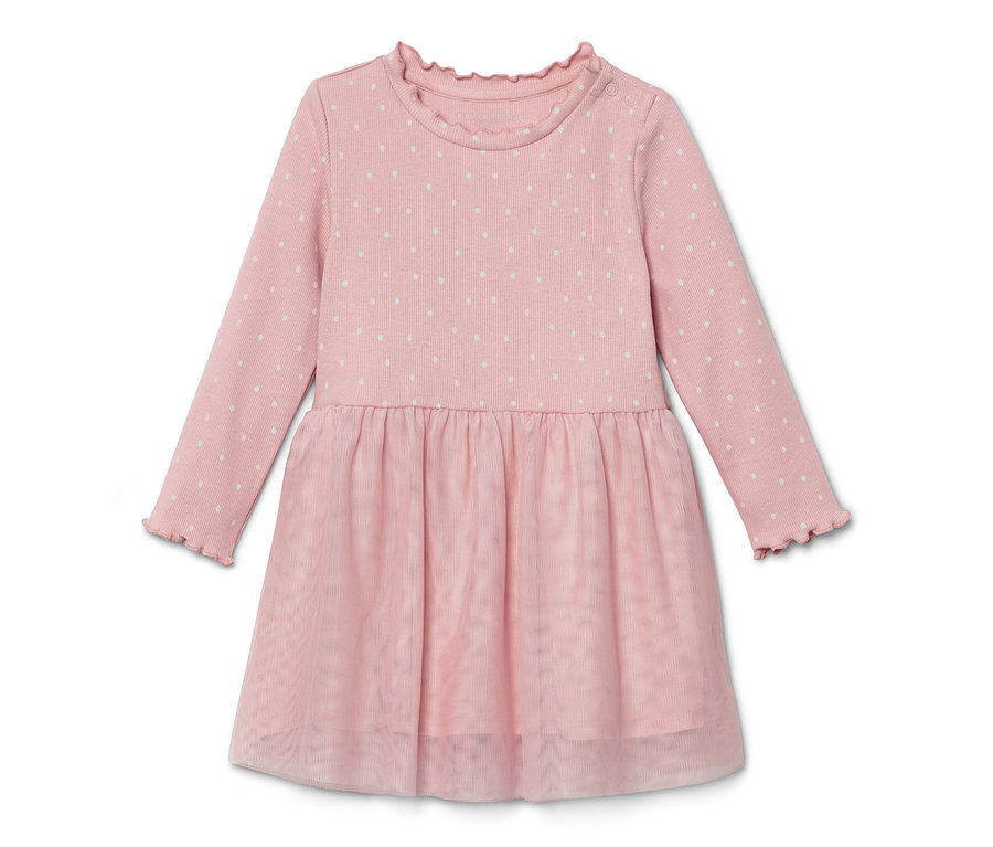 Rosa Kinder-Rippkleid mit langen Ärmeln und weißen Punkten.