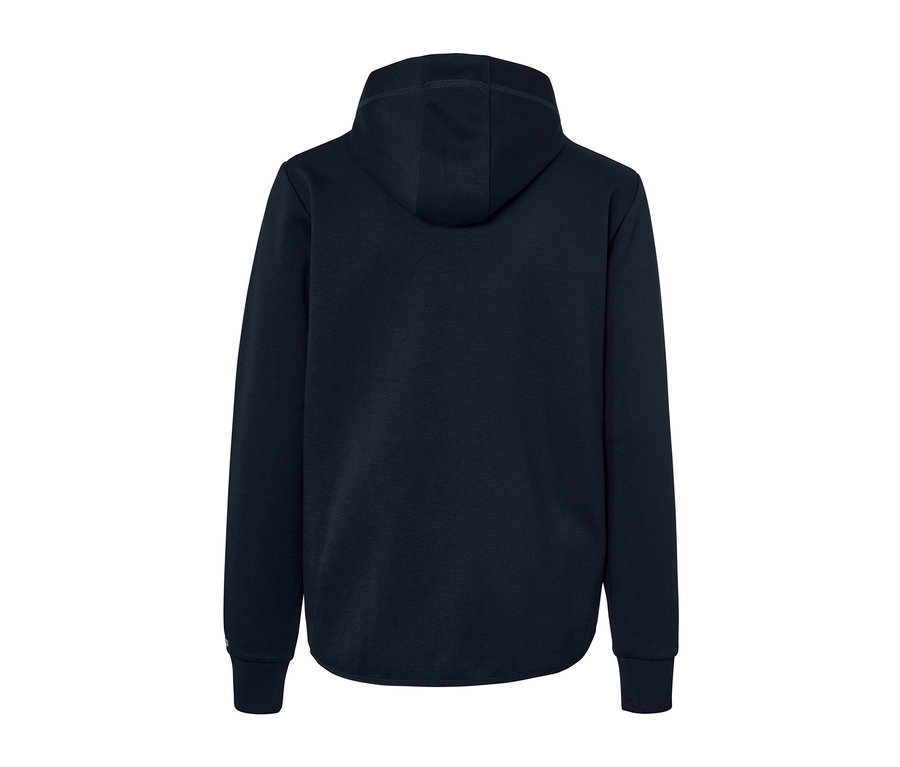 Rückansicht einer marineblauen Funktionssweatjacke mit Kapuze.