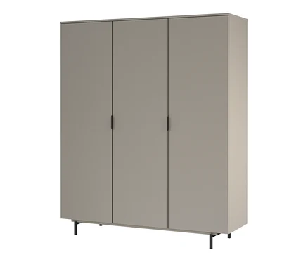 Beiger Kleiderschrank Tomino mit drei Türen und schwarzen Füßen.