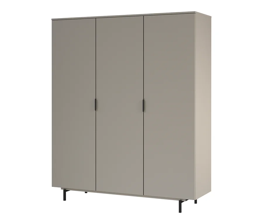 Beiger Kleiderschrank Tomino mit drei Türen und schwarzen Füßen.