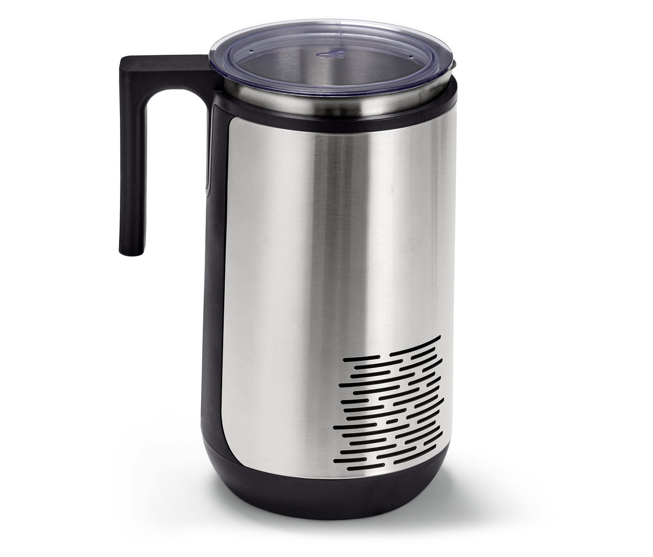 Silberne Thermoskanne mit schwarzem Griff und transparentem Deckel.