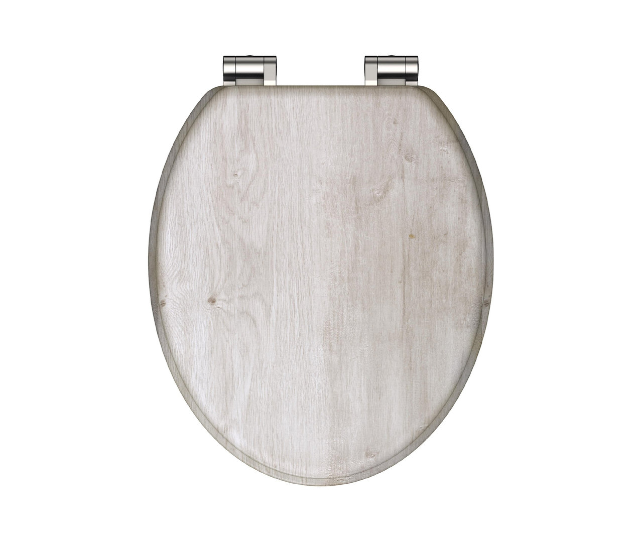 Ovaler MDF WC-Sitz, helle Holzoptik, mit silbernen Scharnieren, auf weißem Hintergrund.