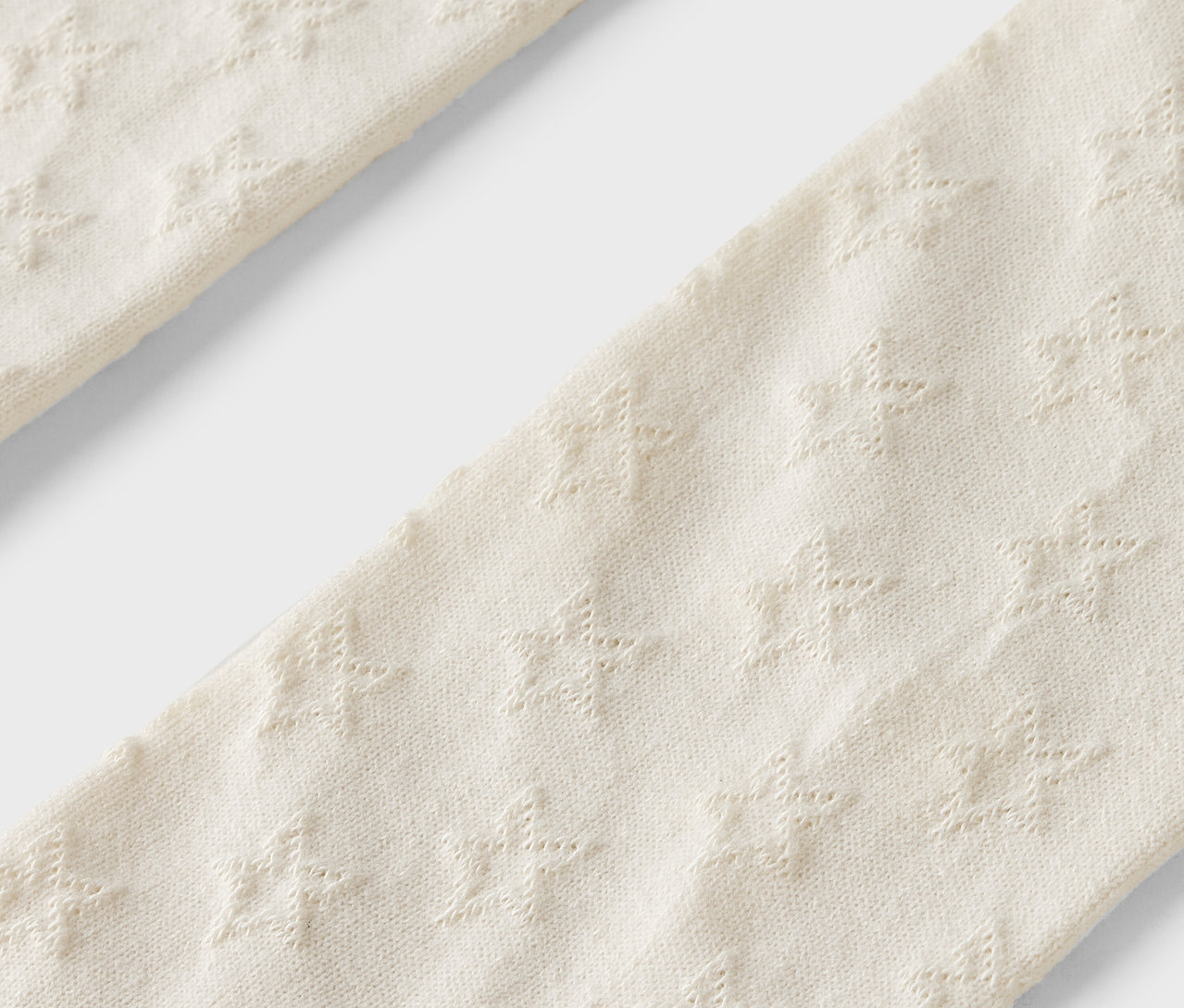 Detailaufnahme einer beigen Strumpfhose mit Sternmuster.