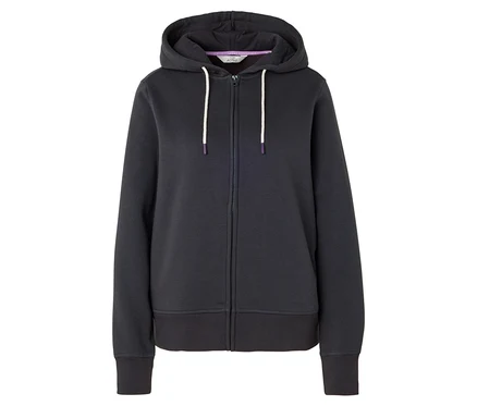 Dunkelblauer Kapuzenpullover mit Reißverschluss und weißen Kordeln.