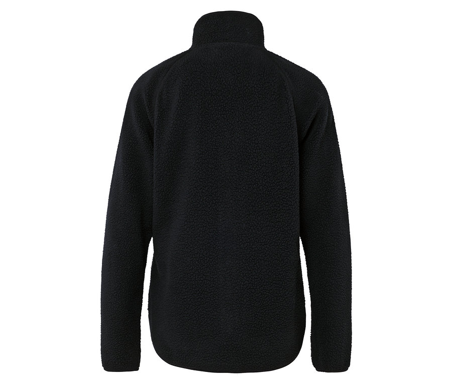 Rückansicht einer schwarzen Fleecejacke mit langen Ärmeln.