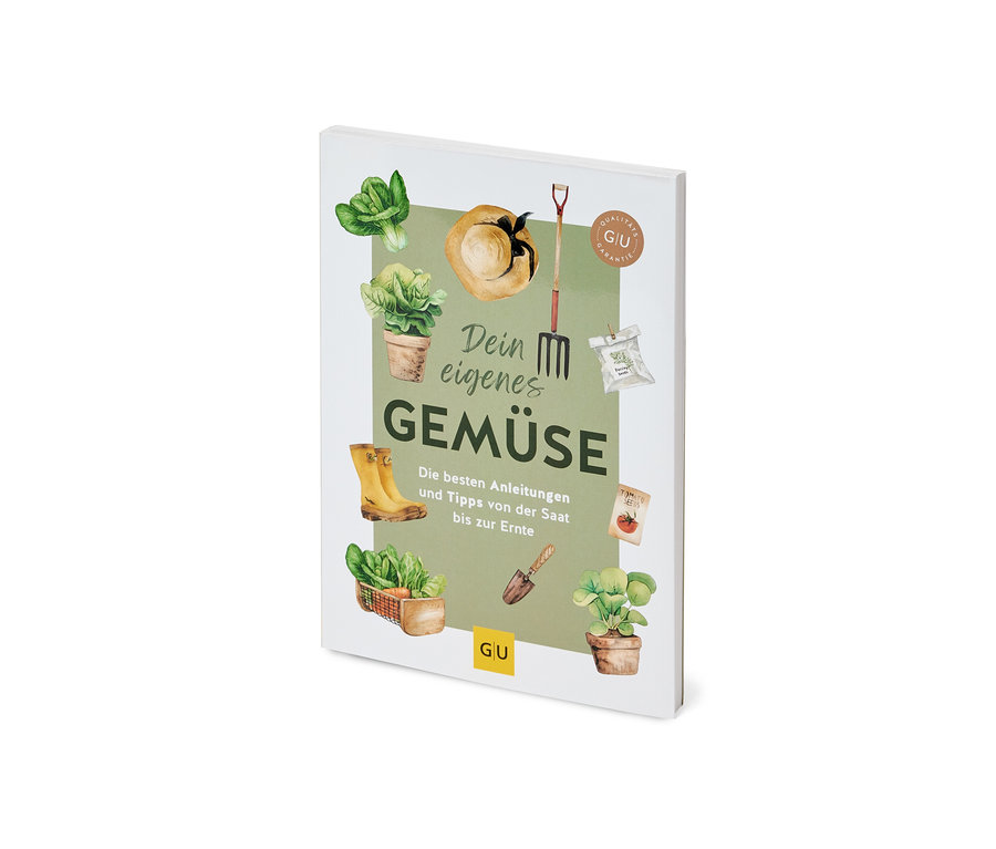 Buch »Dein eigenes Gemüse« mit Illustrationen von Gemüse, Gartengeräten und Gummistiefeln.
