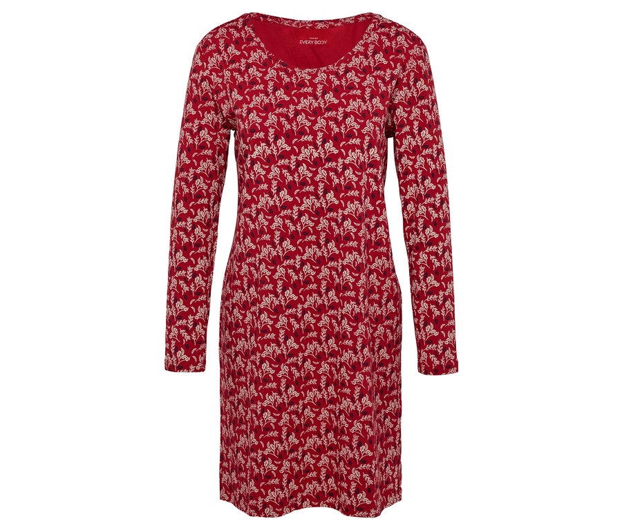 Rotes, langärmeliges Kleid mit Blumenmuster.