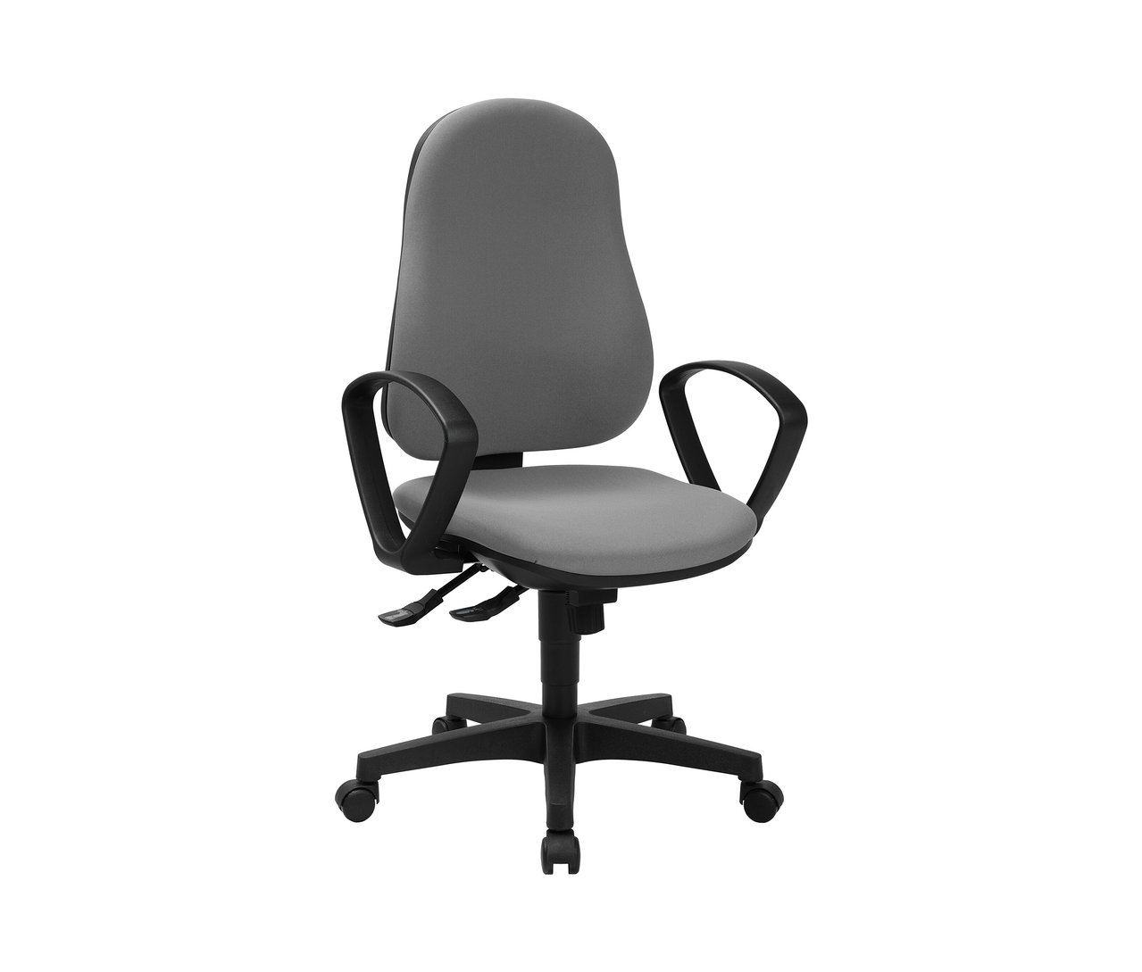 Grauer Topstar Stuhl »Support SY« mit schwarzen Armlehnen und Rollen.