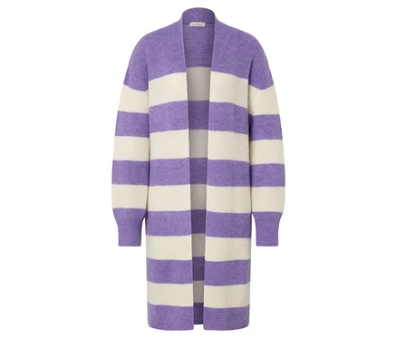 Ein offener Longcardigan mit lila und weißen Streifen.