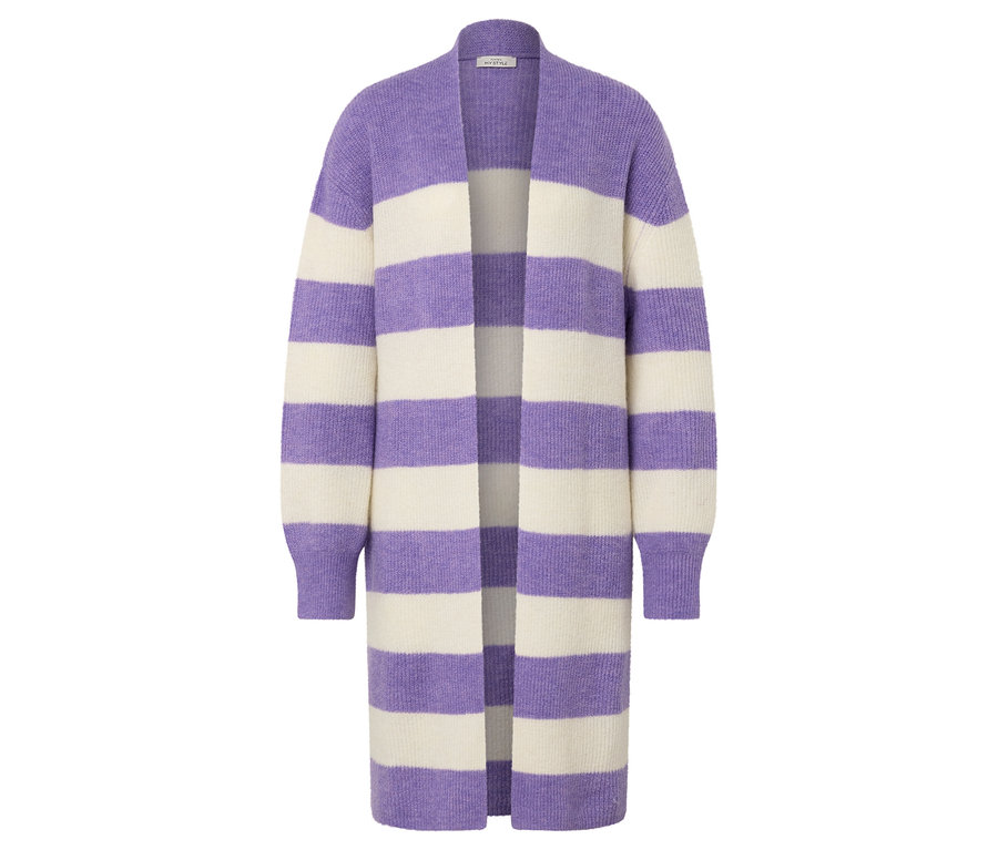 Ein offener Longcardigan mit lila und weißen Streifen.