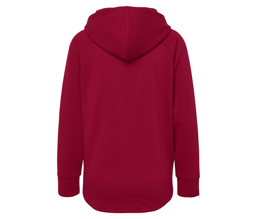 Rückansicht eines weinroten Kapuzenpullovers.