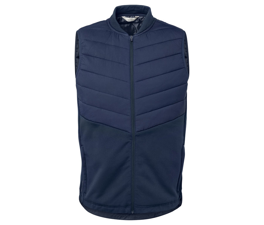 Eine marineblaue Thermoweste ist vor einem weißen Hintergrund zu sehen.