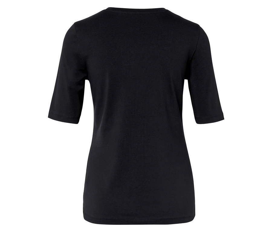 Schwarzes T-Shirt mit kurzen Ärmeln, Rückansicht.