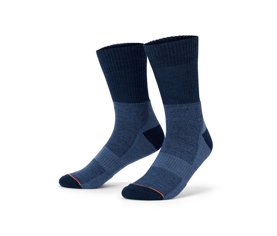 Zwei blaue Trekking-Socken mit Merinowolle.