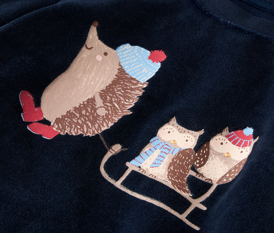 Detail eines marineblauen Sweatshirts mit Igel-Motiv, der einen Schlitten mit zwei Eulen zieht.